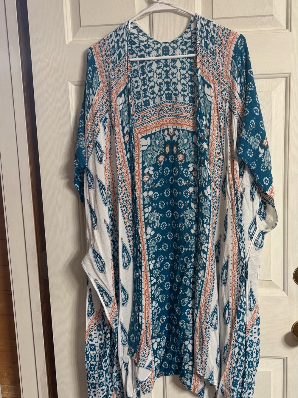 Teal, White and Coral Bohemian Open Kimono wrap one size